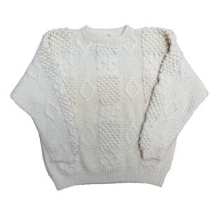 The Sharper Image Mens Ivory 100% Wool Cable Popcorn Knit Fisherman Sweater L